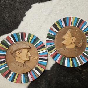 VINTAGE Midcentury Set Of 2 MAN WOMAN Carved 3D Wooden Folk Art Plate SCULPTURES